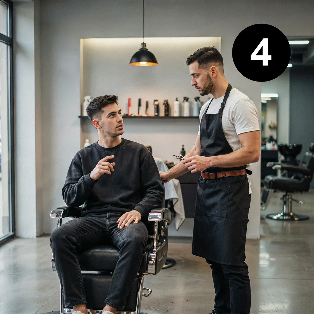 Barber and client consultation with a number 4 badge for the four key details