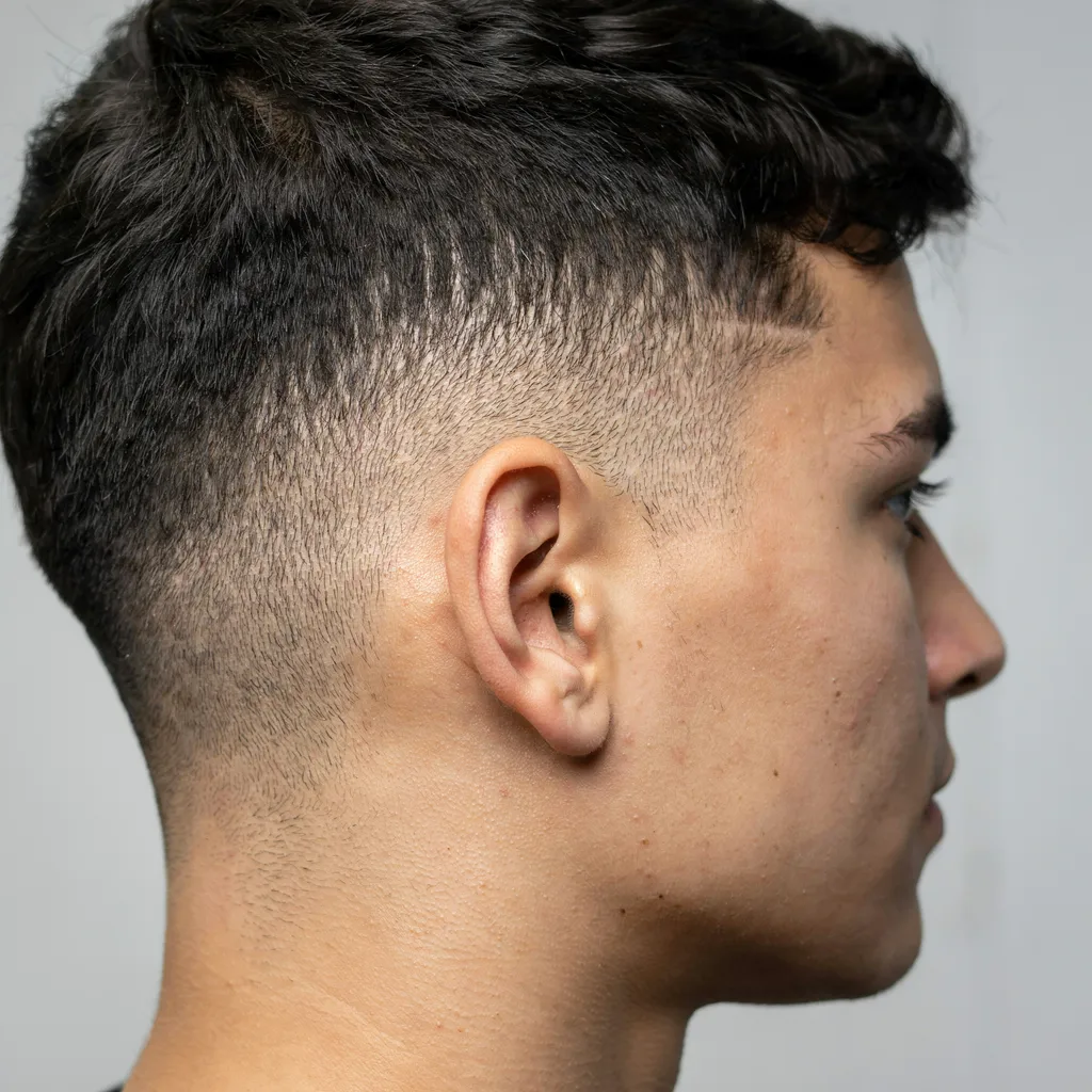 Fade haircut slightly grown out with natural regrowth visible at the blend line