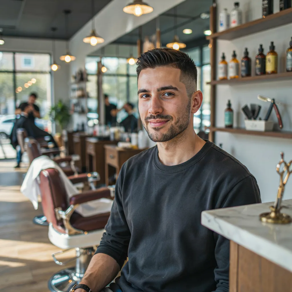 Man with a precise mid fade haircut in a barbershop