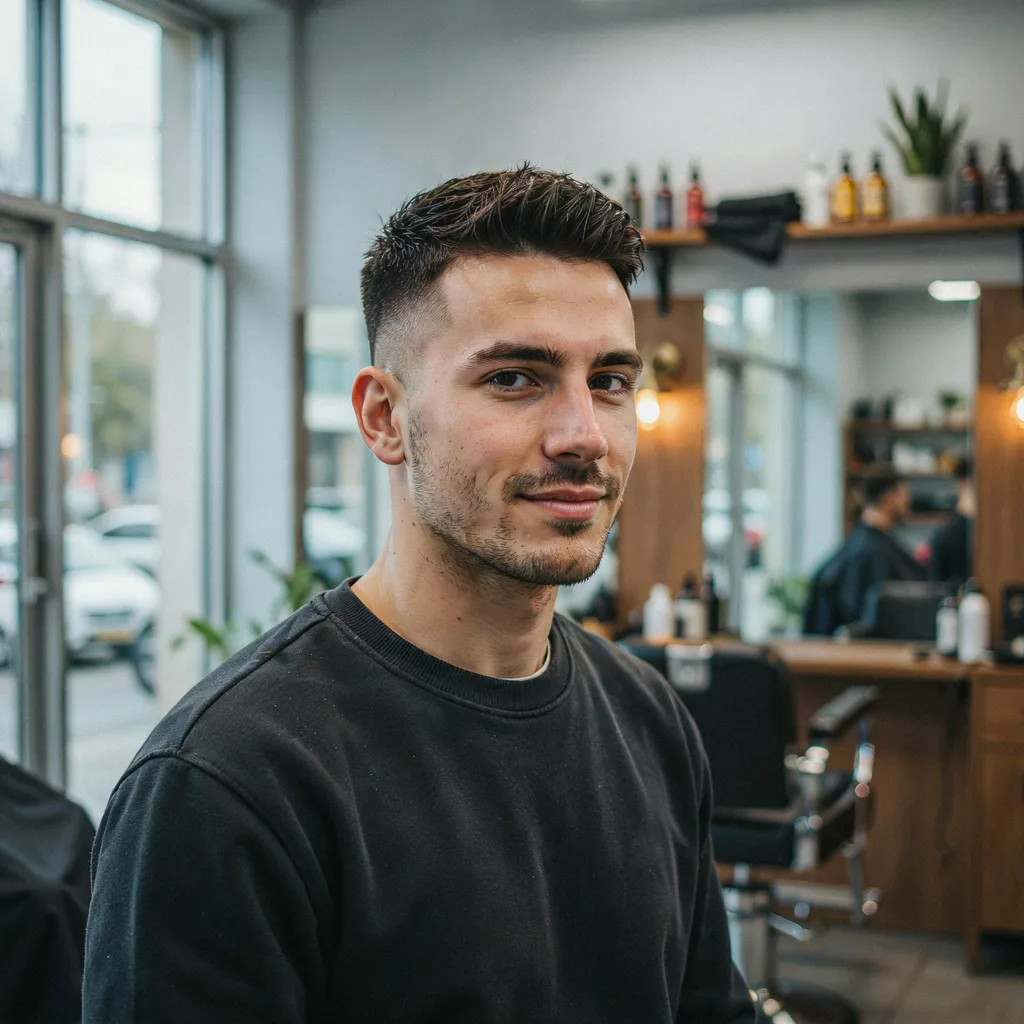 Man with a well groomed mid fade haircut in a barbershop