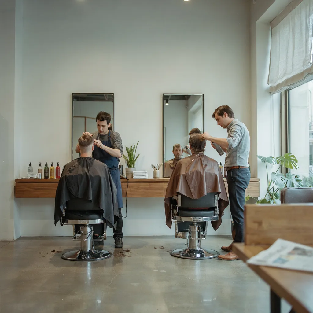 Two barber chairs in a modern barbershop with different haircuts being styled