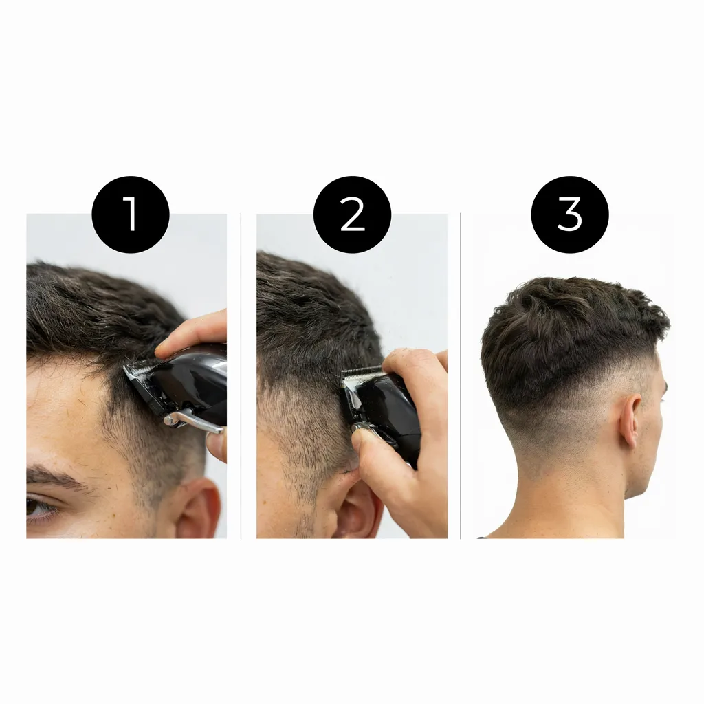 Three numbered steps showing a mid fade being cut and blended at home