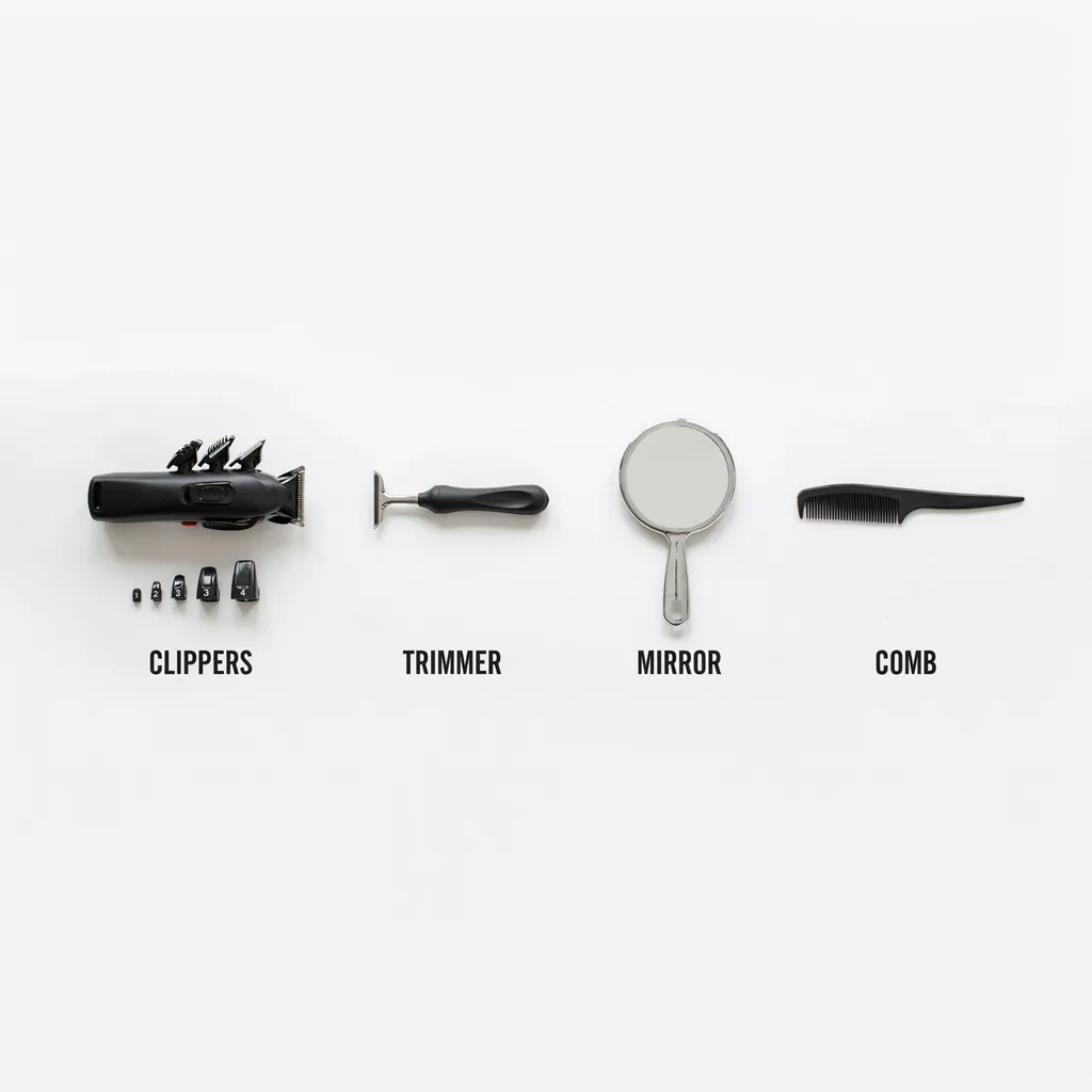 Labeled flat lay of clippers, trimmer, mirror, and comb for a home mid fade