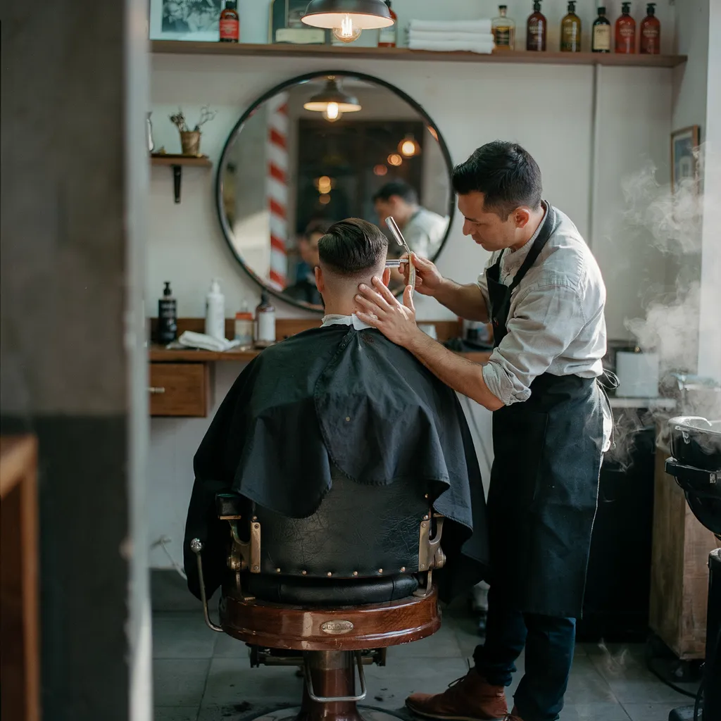 Barber using a straight razor to clean up a mid fade neckline