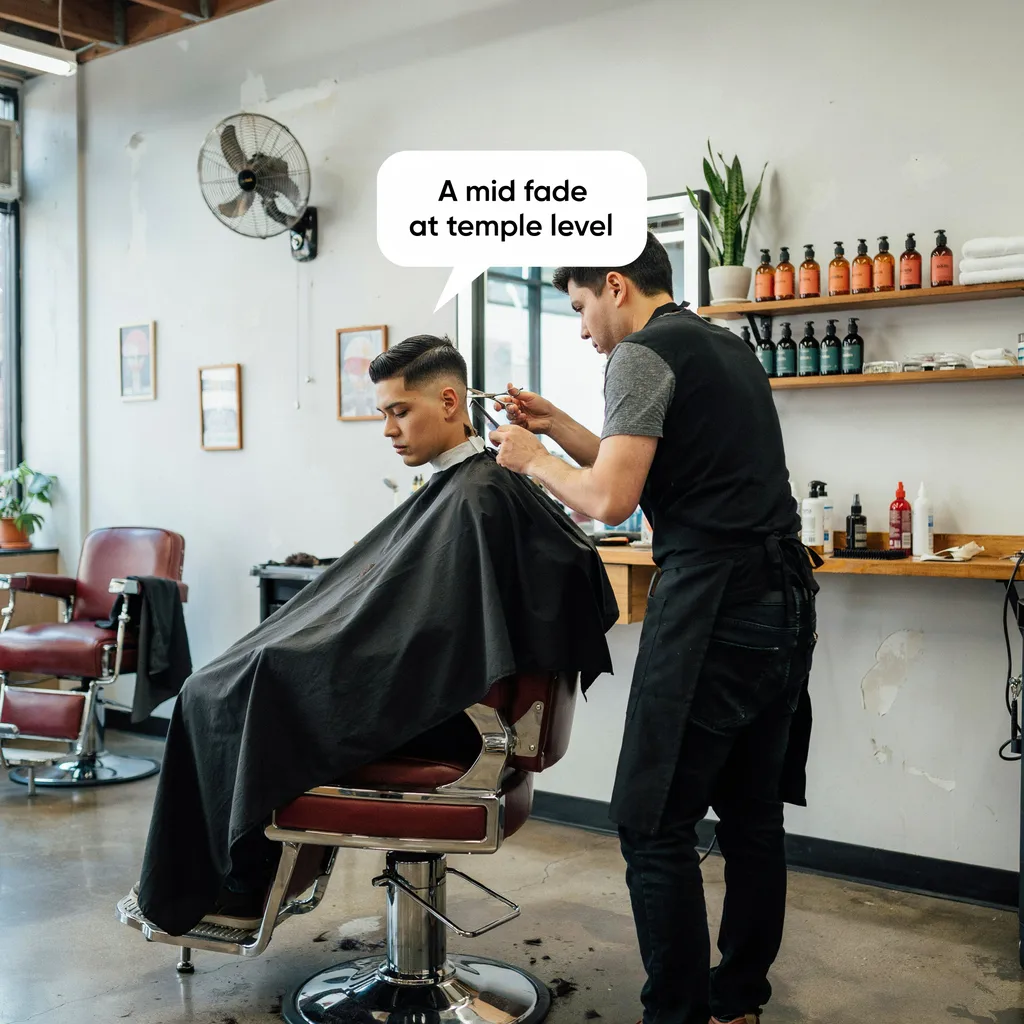 Client telling his barber a mid fade at temple level, speech bubble