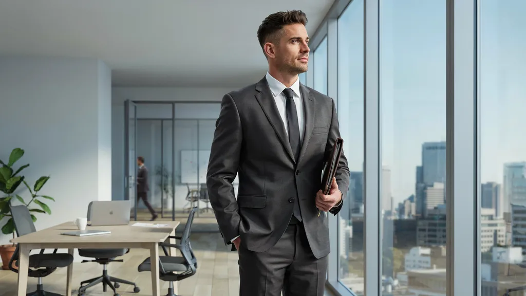 Businessman with a professional mid fade haircut in an office