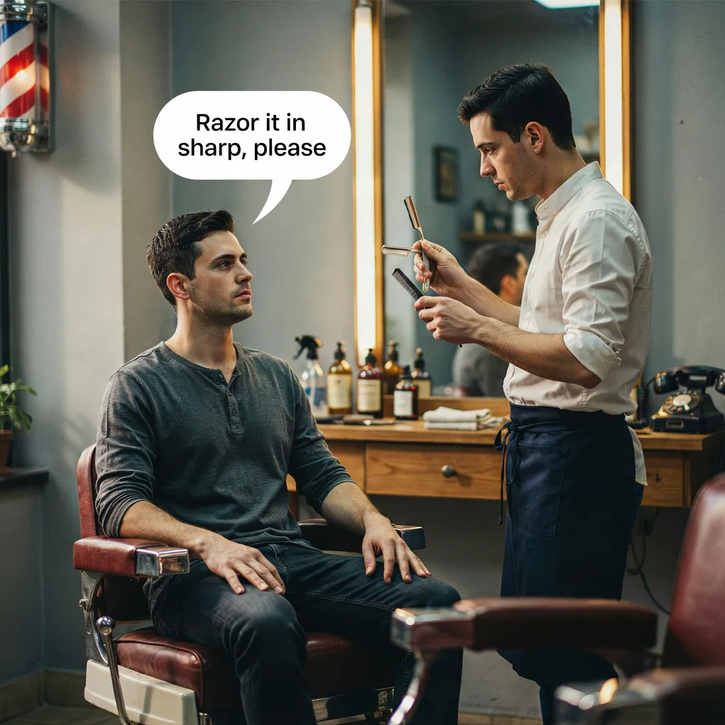 Client asking his barber to razor it in sharp, speech bubble
