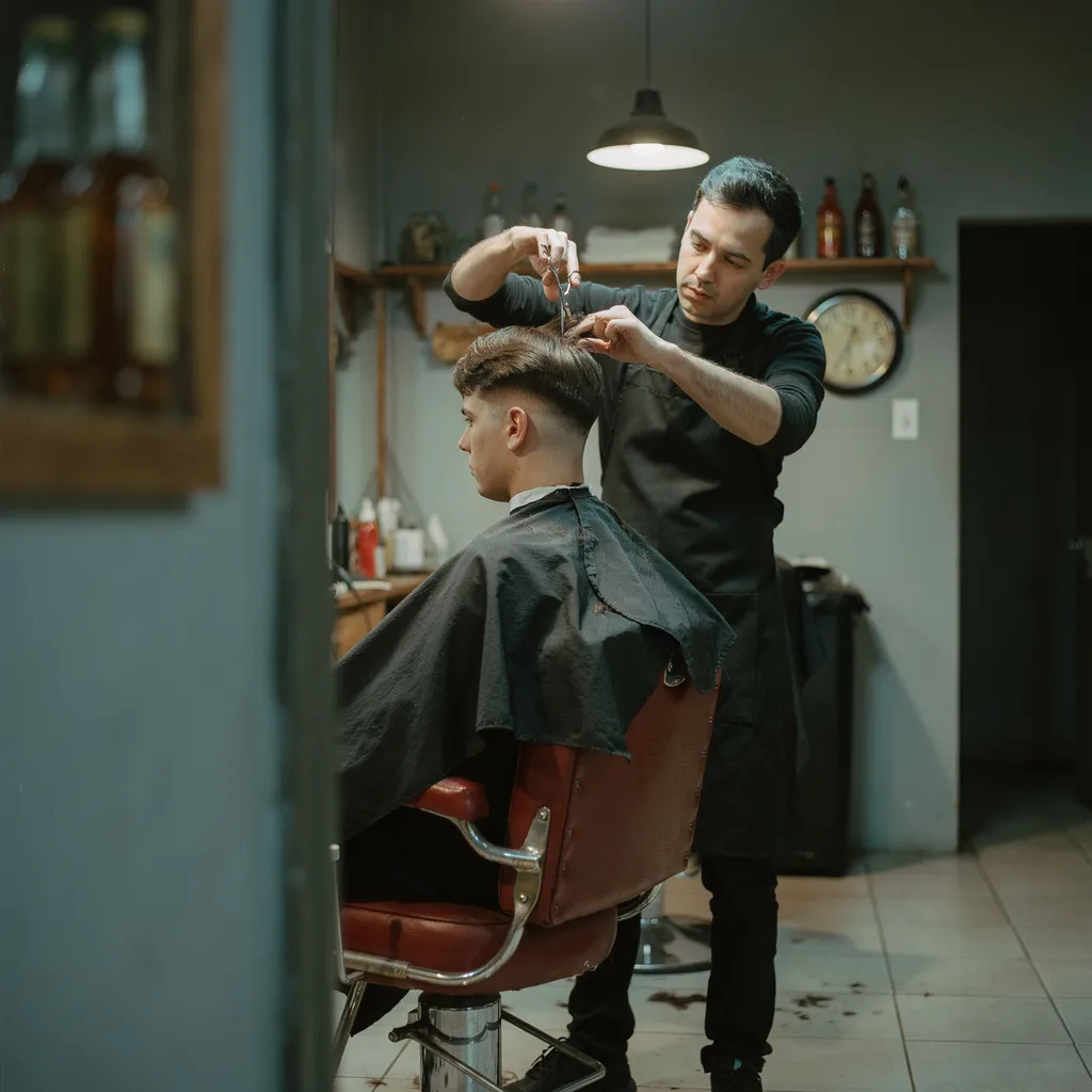 Barber trimming the top hair with scissors on a mid fade haircut