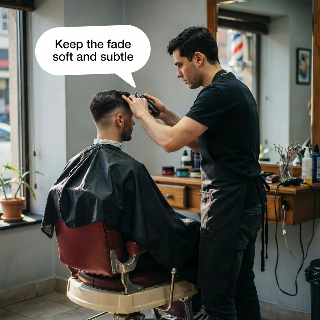 Client asking his barber to keep the fade soft and subtle, speech bubble