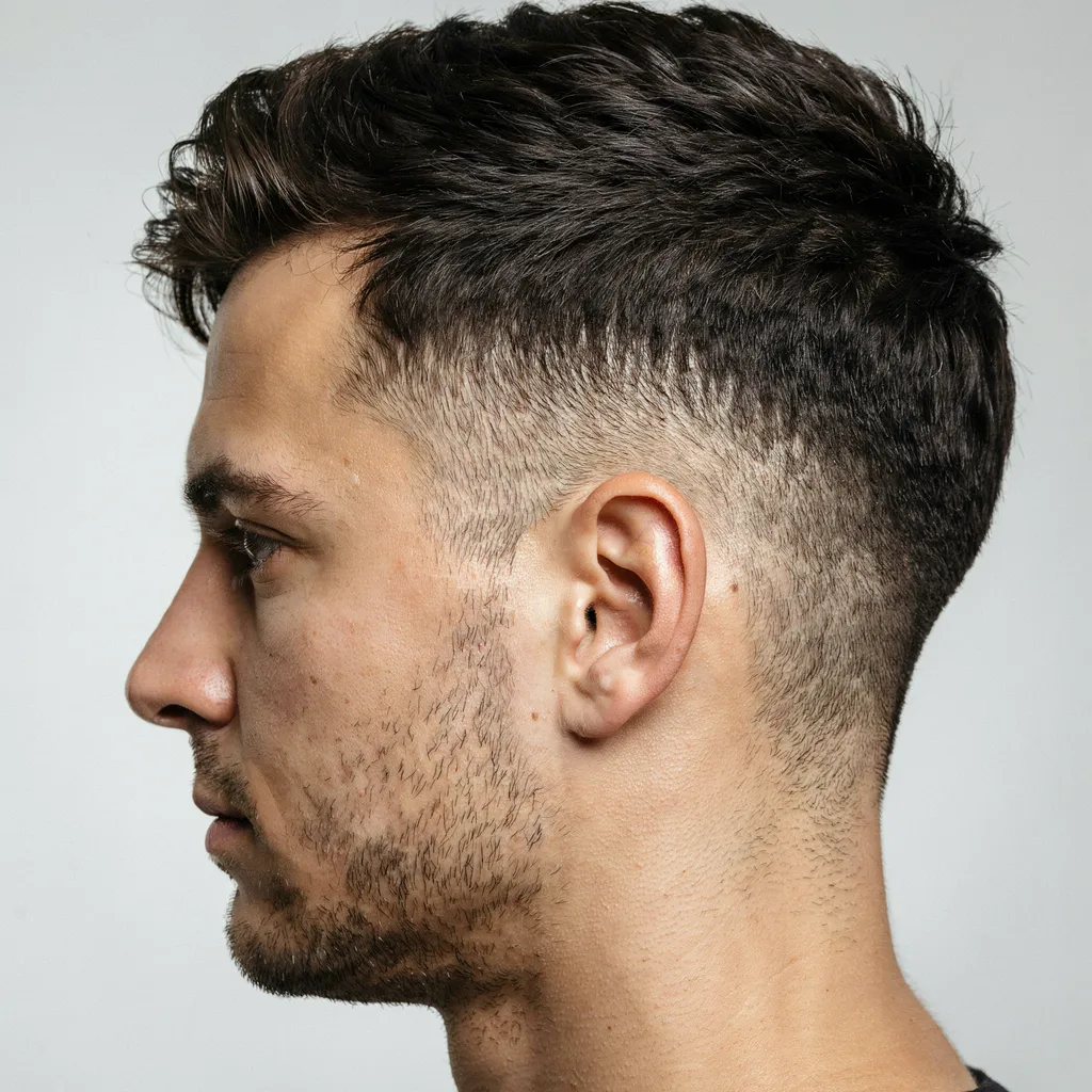 Side profile of a mid fade haircut with sharp contrast at the blend