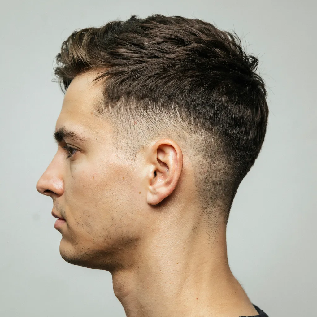 Side profile of a mid fade haircut at temple level