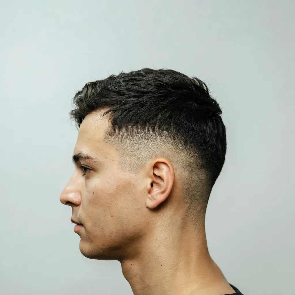 Side profile of a mid fade haircut