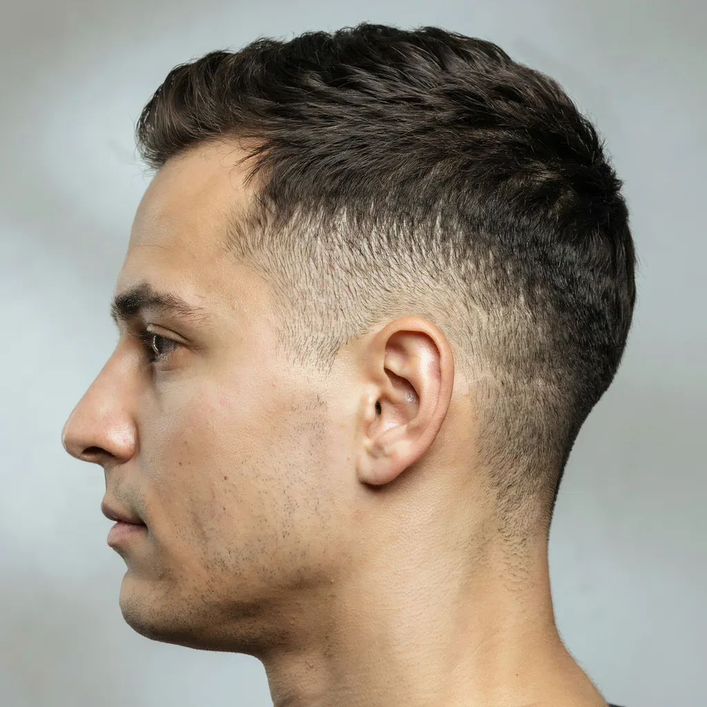 Side profile showing where a mid fade starts between the ear and hairline