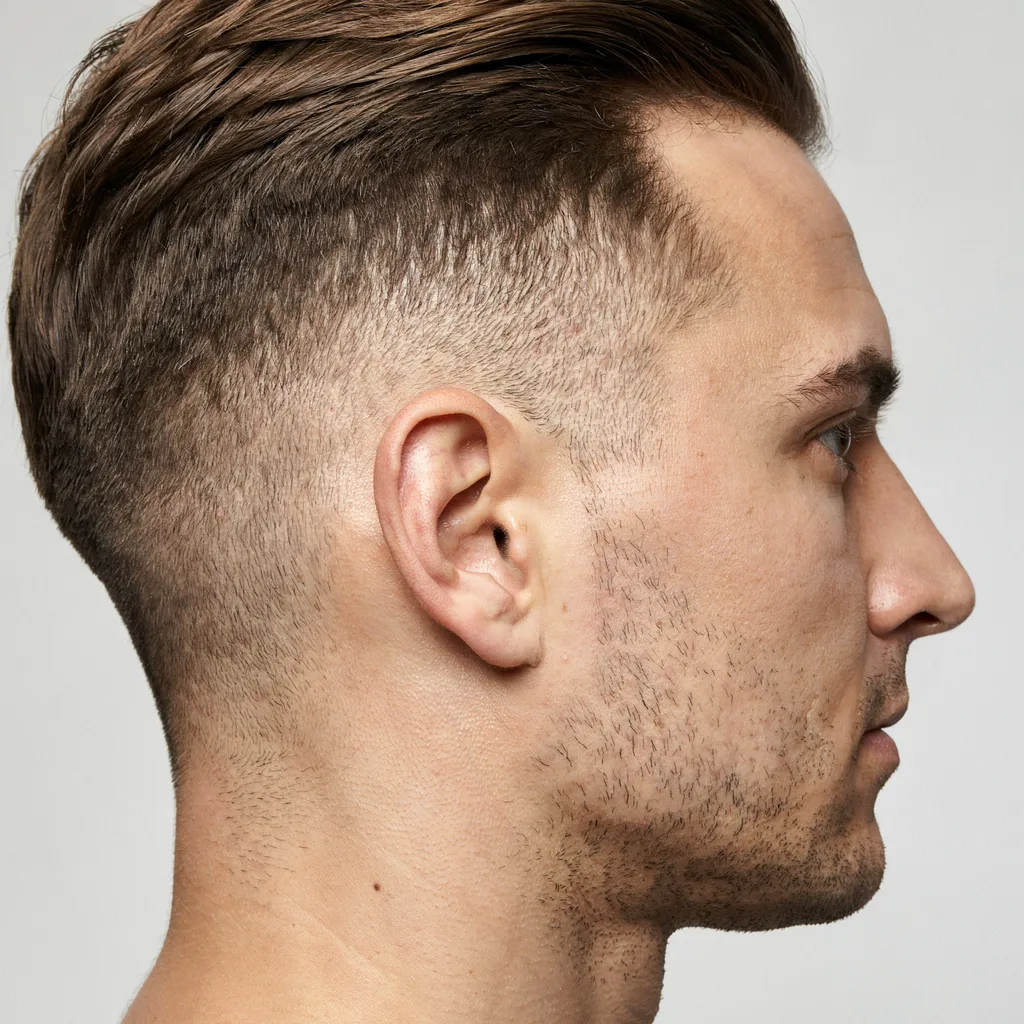 Side profile of a mid fade haircut at temple level