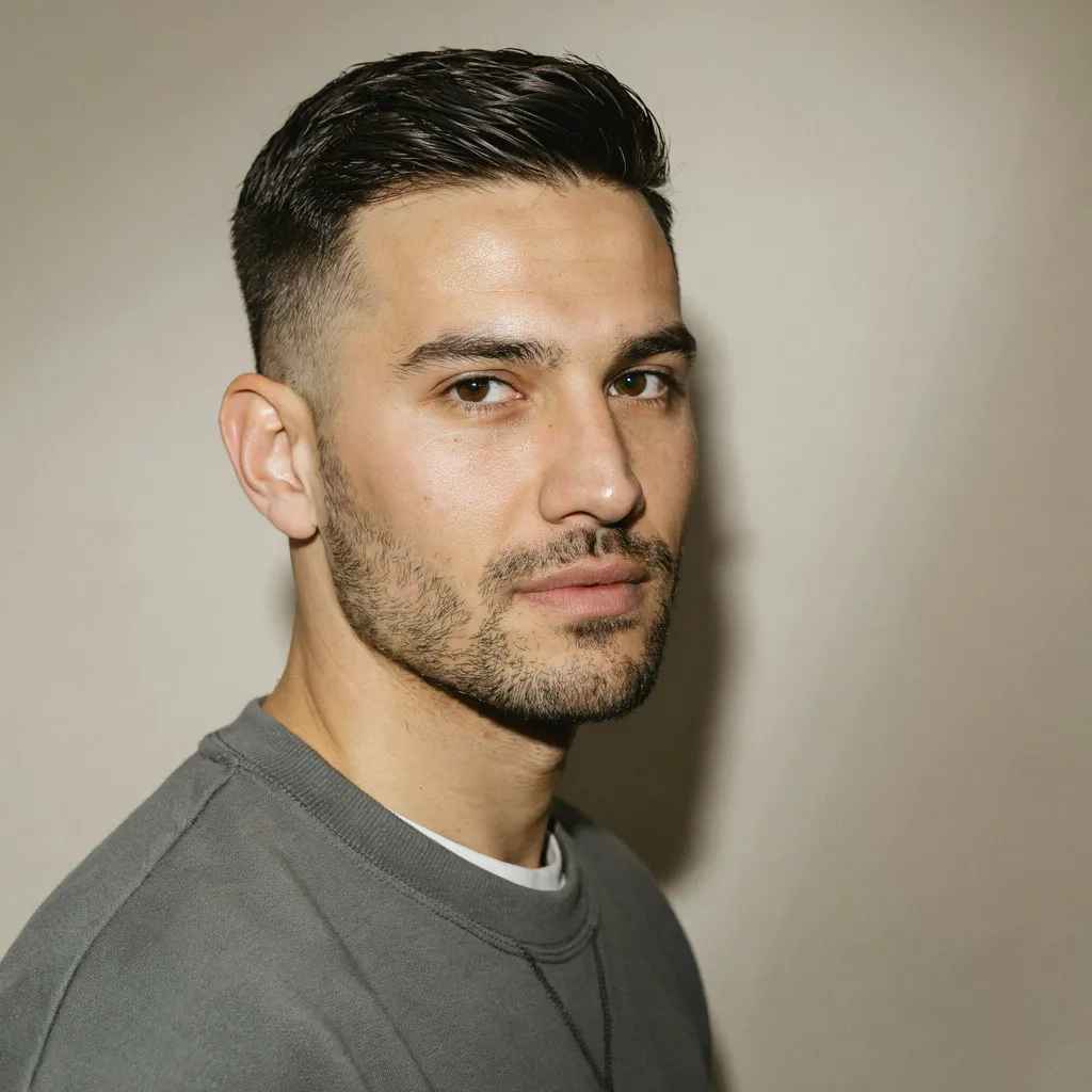 Side profile portrait of a man with a well-groomed mid fade