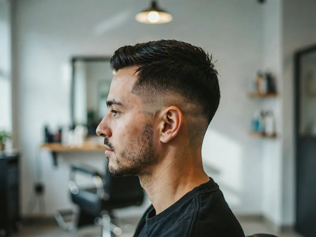 Side profile of a sharp mid fade haircut with a clean sideburn