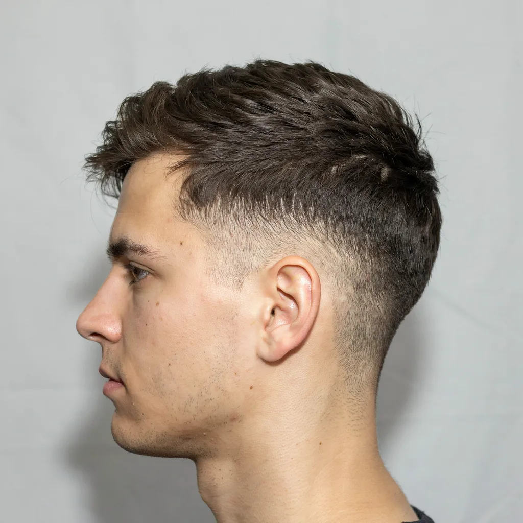 Side profile of a mid fade haircut at temple level