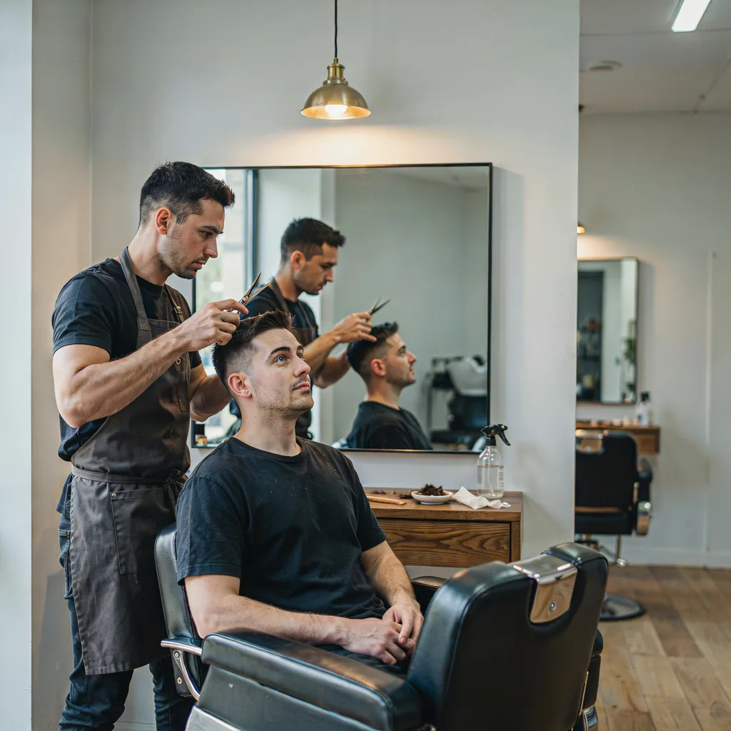 Barber and client discussing the side view of a mid fade in the mirror