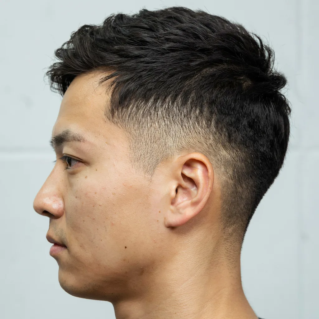 Full side profile view of a mid fade haircut