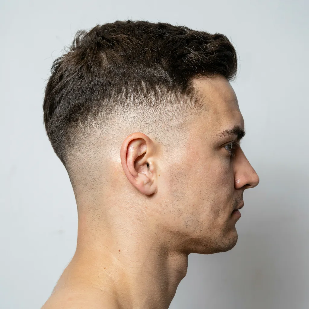 Side profile of a mid fade haircut with the fade starting at temple level