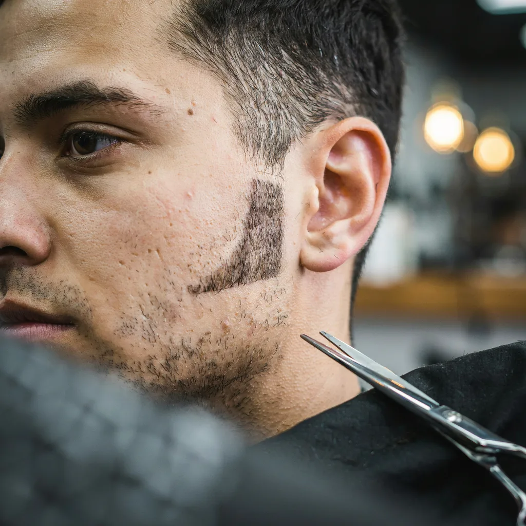 Close-up of a precisely trimmed sideburn on a mid fade haircut