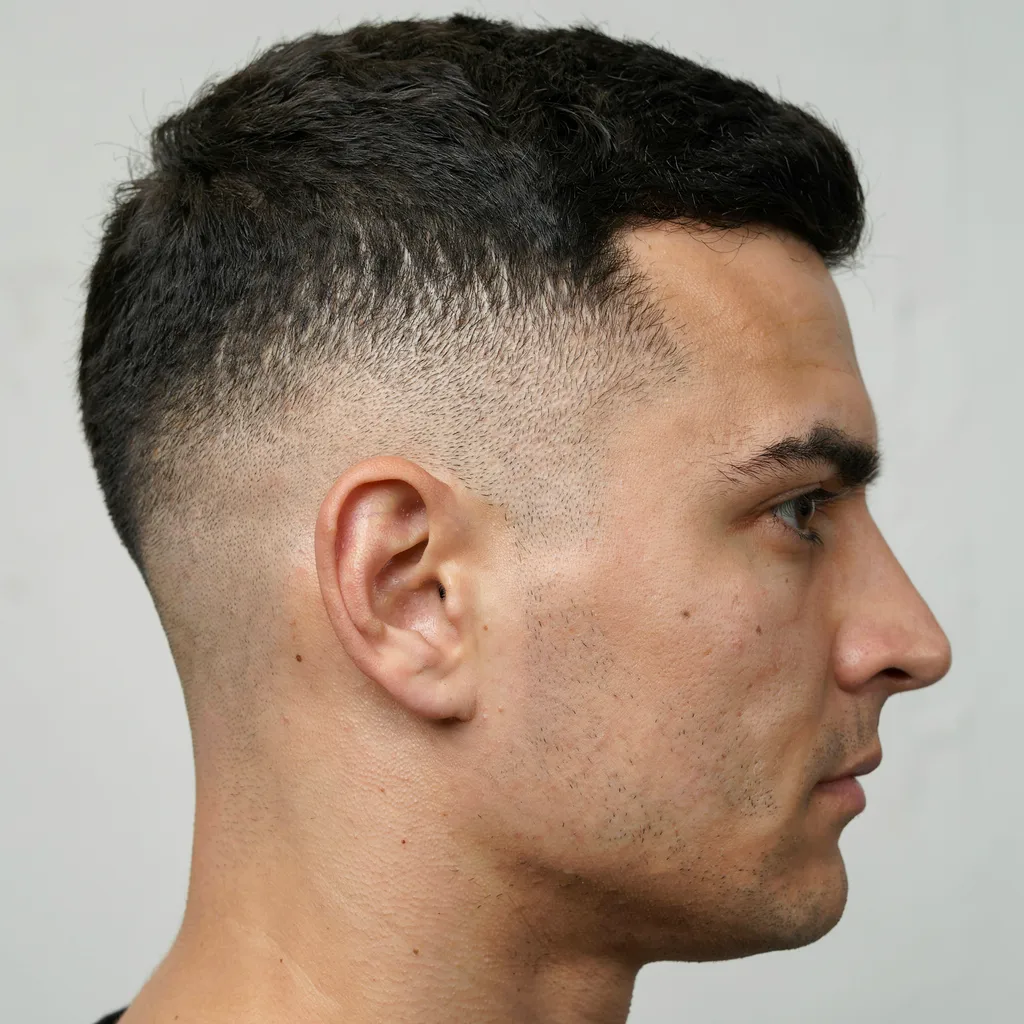 Side profile showing exactly where a mid fade starts at temple level