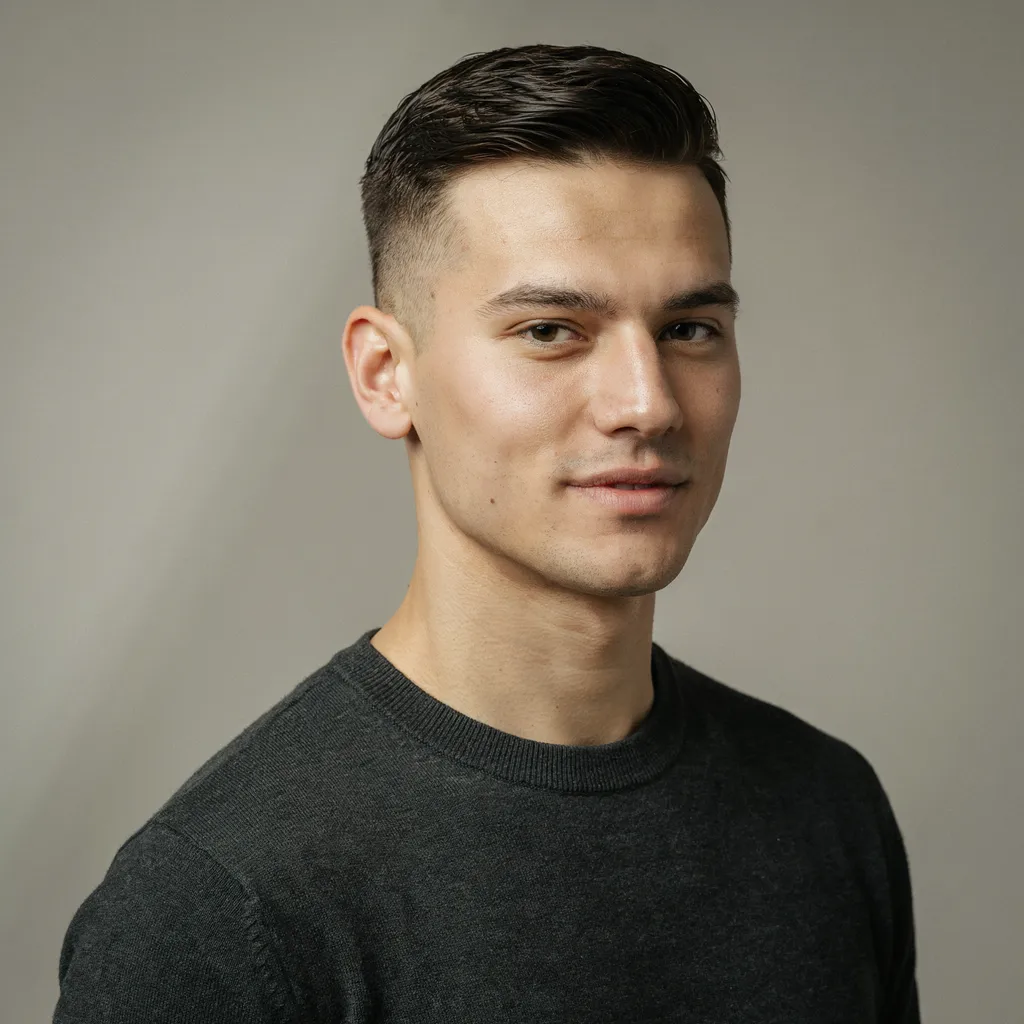 Studio portrait of a man with a mid fade haircut and styled top