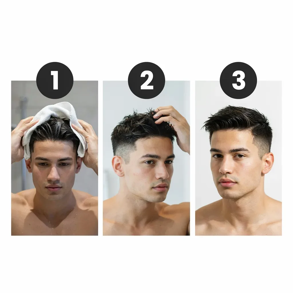 Three-panel infographic showing hair styling steps from towel-dry to finished