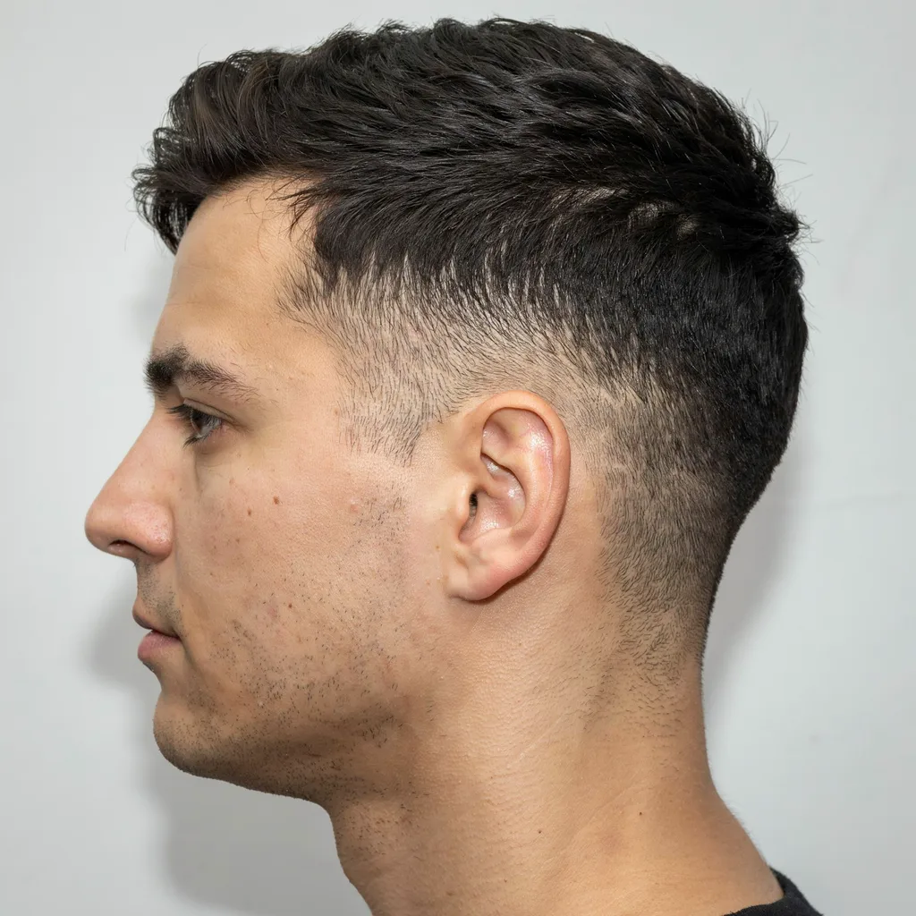 Close-up of a mid fade blend zone at temple level