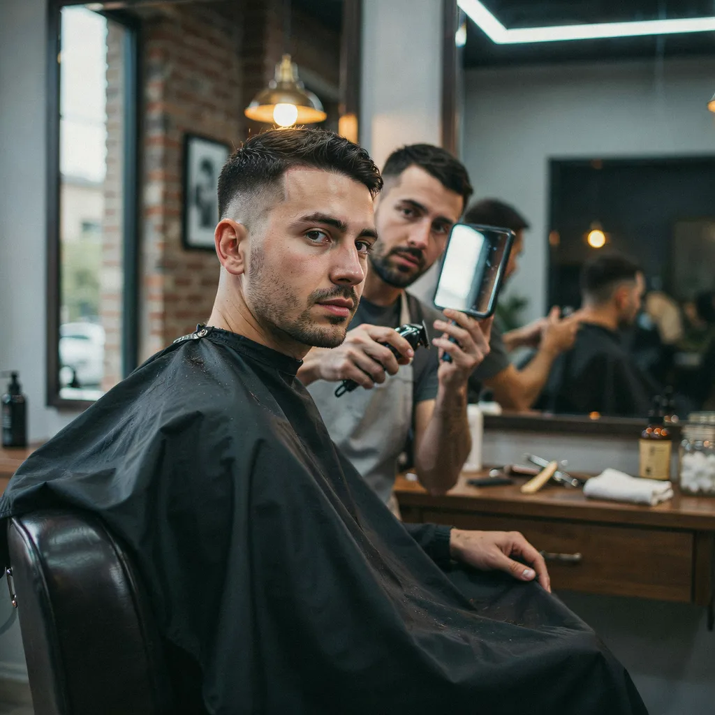Barber showing a client the finished fade haircut in the mirror