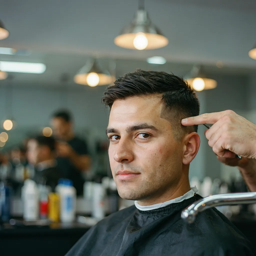 Man touching his temple to show where a mid fade begins