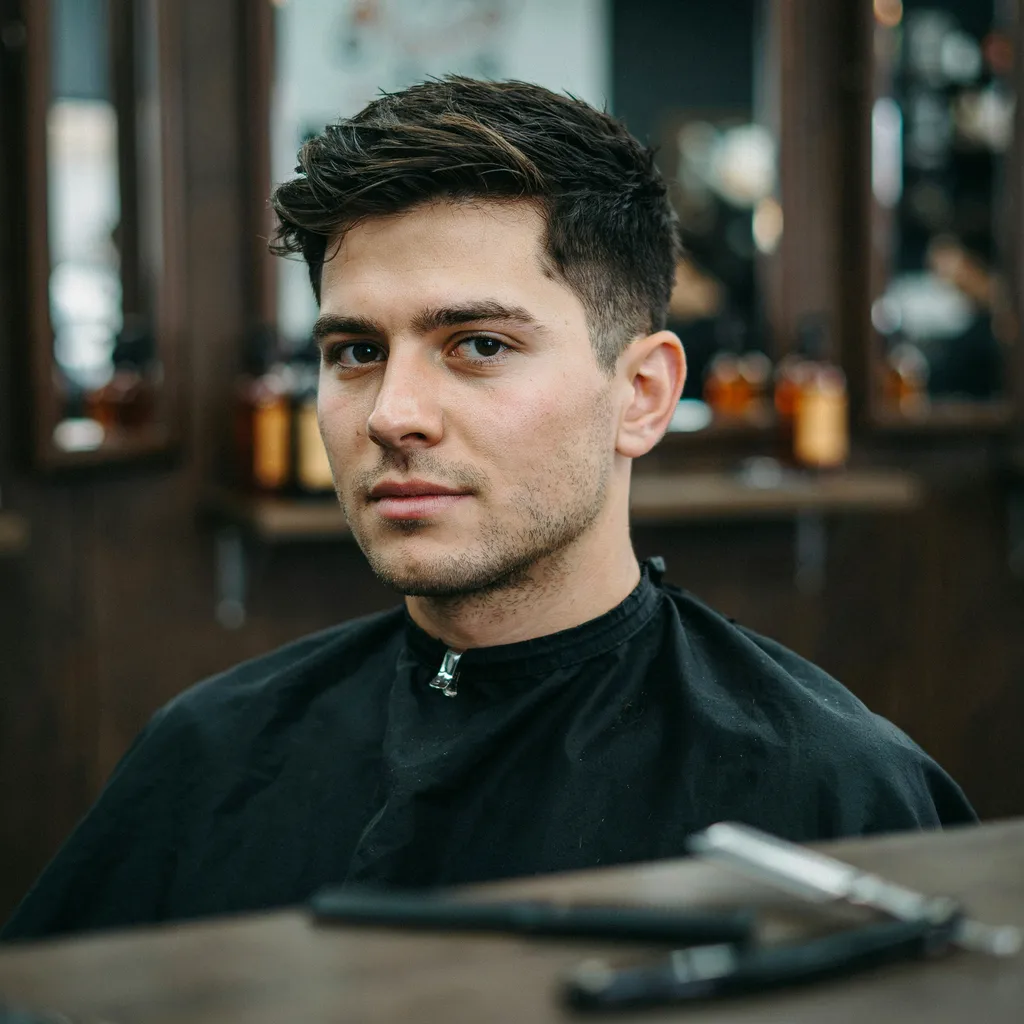 Man with textured medium-length hair on top and a mid fade on the sides