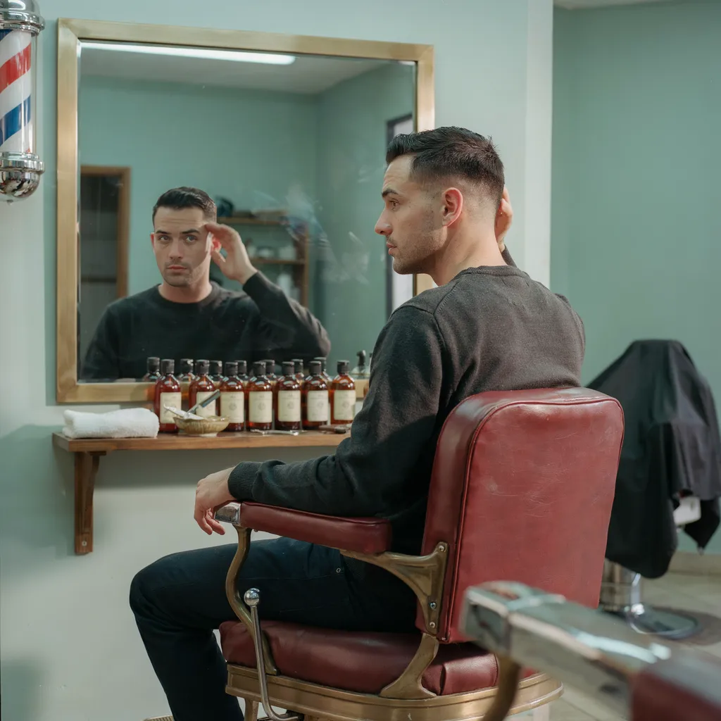 Thoughtful man looking at his mid fade reflection in a barbershop mirror