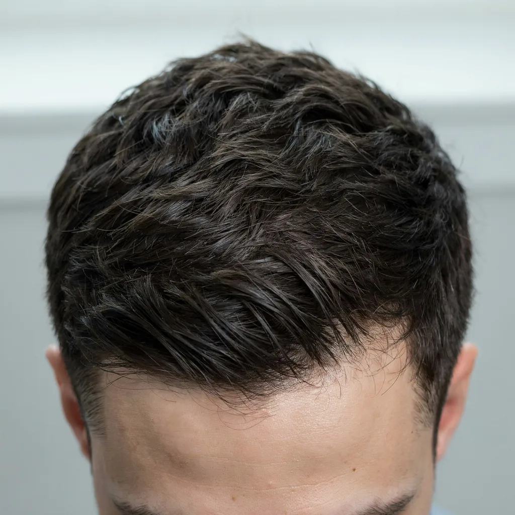 Top-down view of longer hair on top contrasting with a faded side
