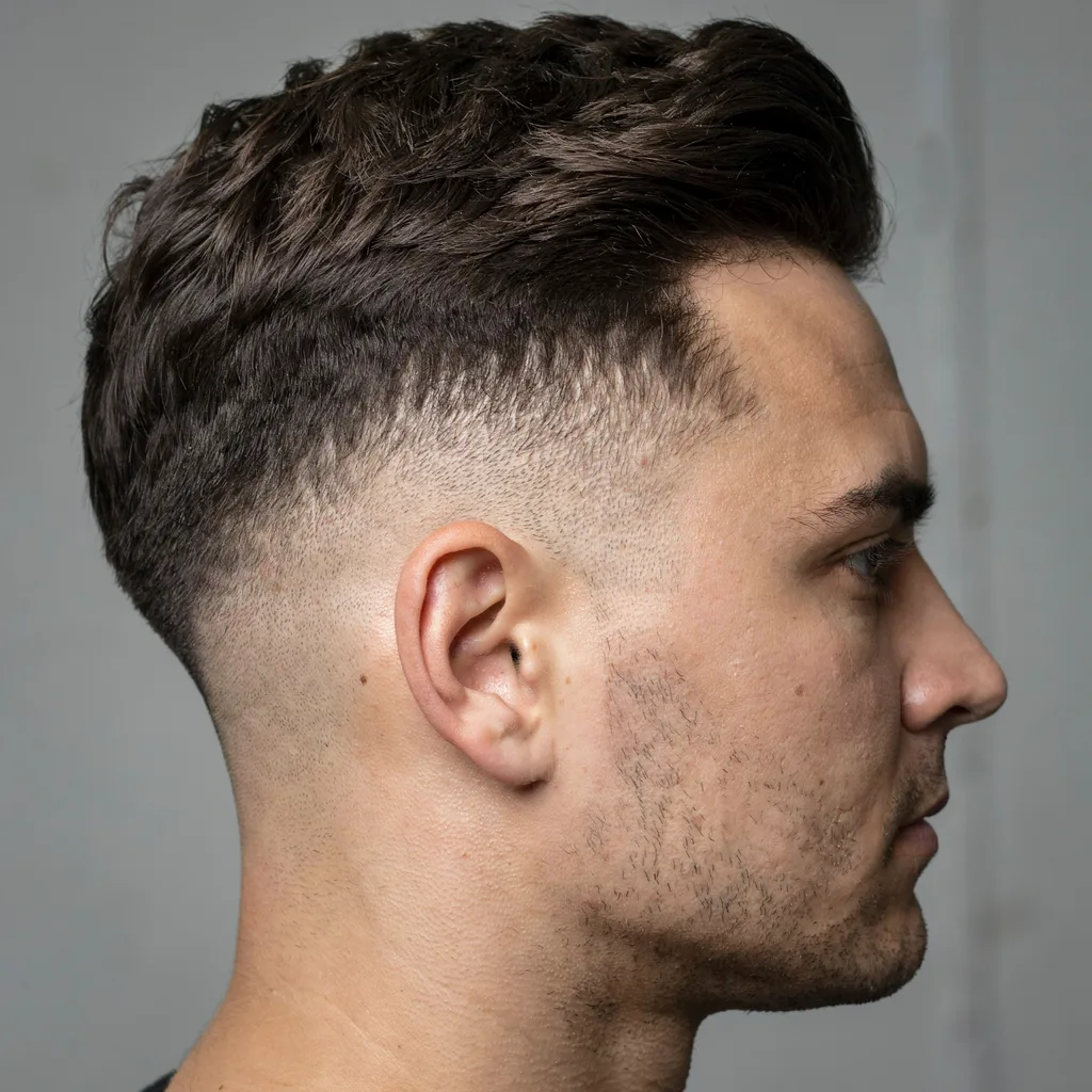 Close-up showing the contrast between long top hair and a tight faded side