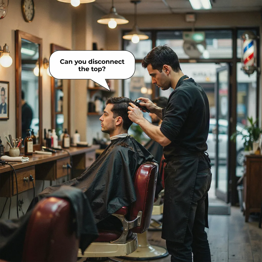 Client asking his barber to disconnect the top, speech bubble
