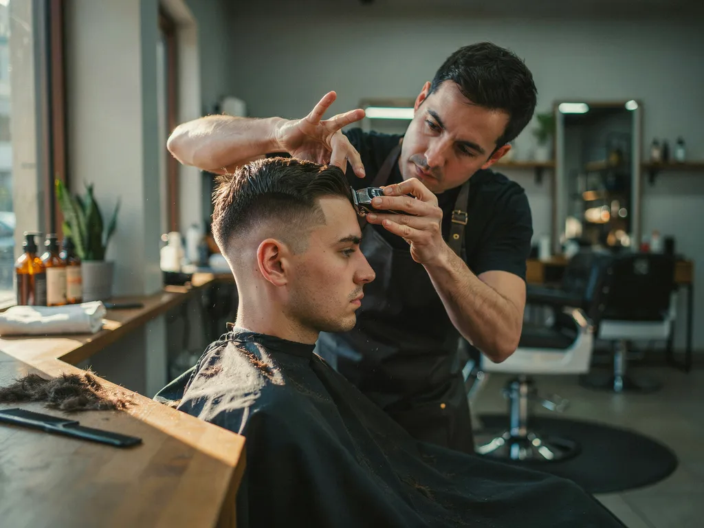 Barber cutting a mid fade haircut on a client in a barbershop