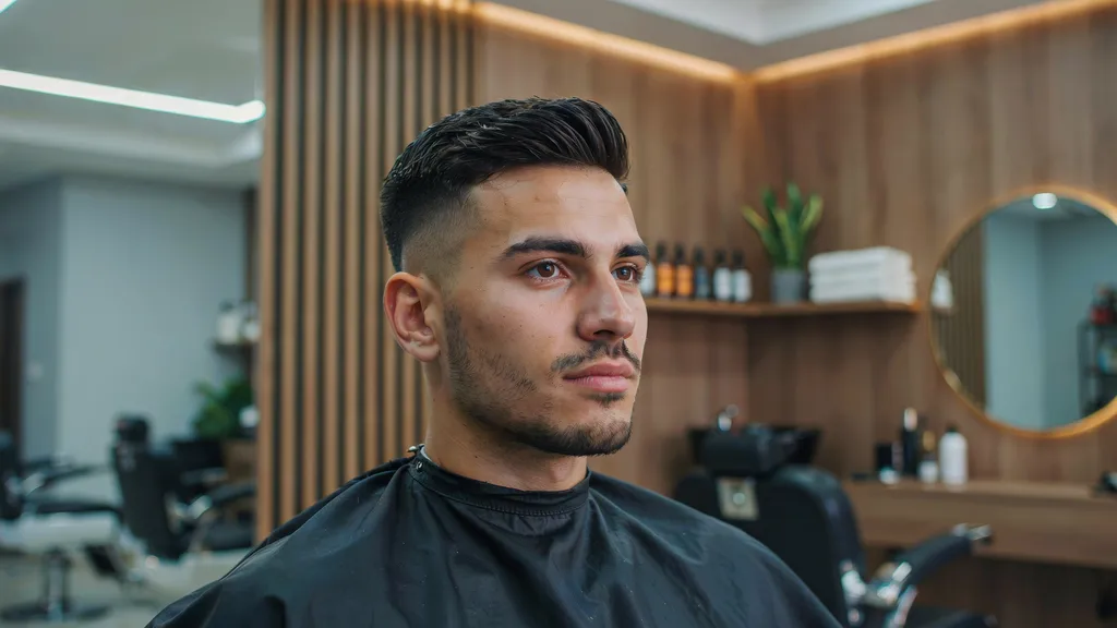 Man with a stylish mid fade haircut in a modern barbershop