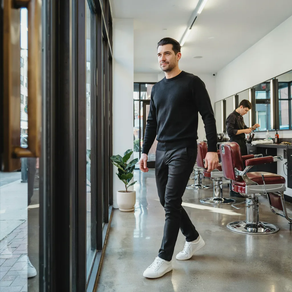 Man walking into a modern barbershop