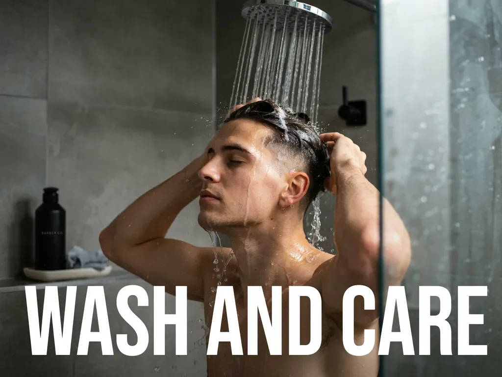 man washing a mid fade haircut in the shower