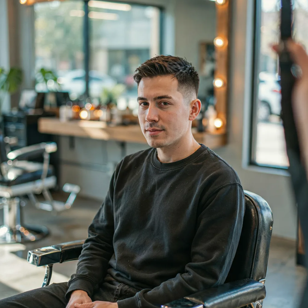 Man with a mid shadow fade, soft subtle blend starting at temple level