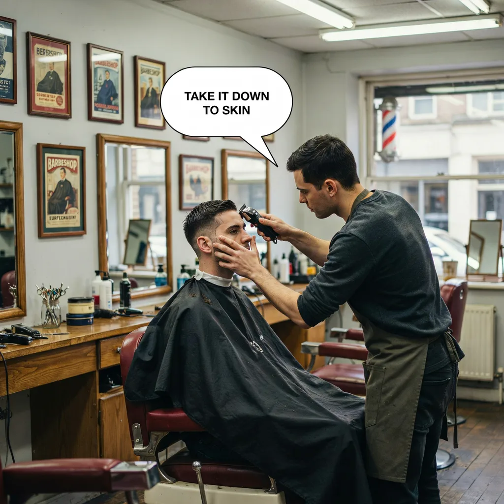 Client asking his barber to take it down to skin, speech bubble