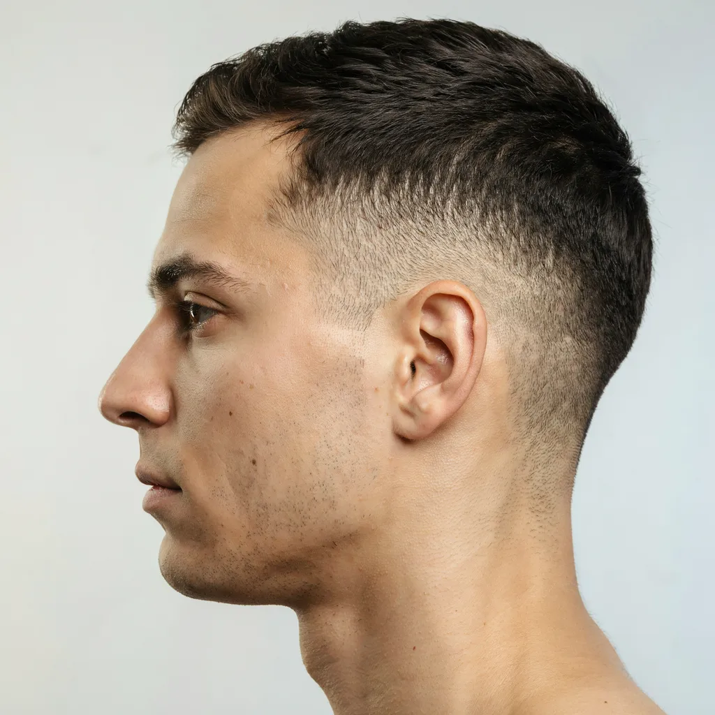 Side profile of a mid skin fade haircut with bare skin at the bottom