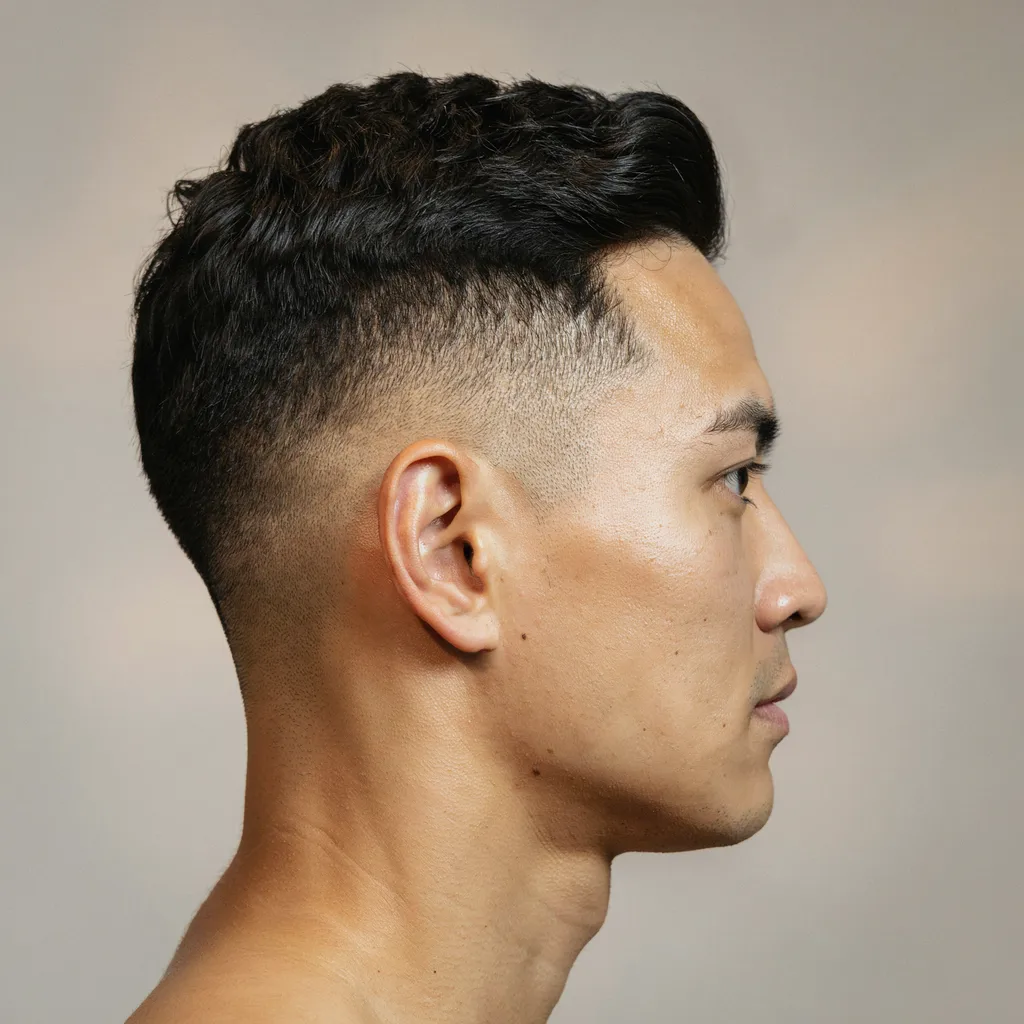 Side profile of a mid taper fade haircut with soft natural gradient