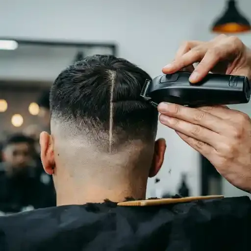 barber trimming the boundary of a mohawk mid fade