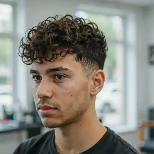 curly messy top paired with a mid fade
