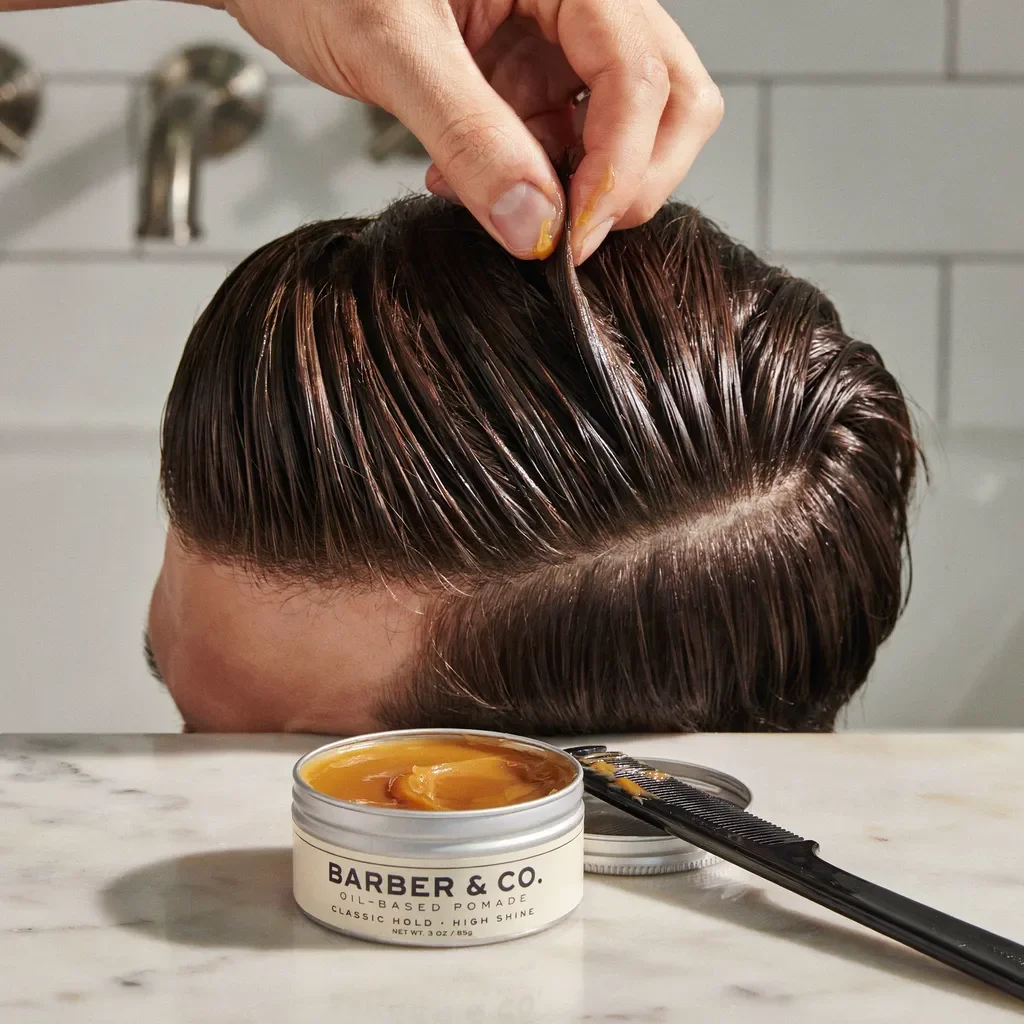 oil based pomade applied to a pompadour