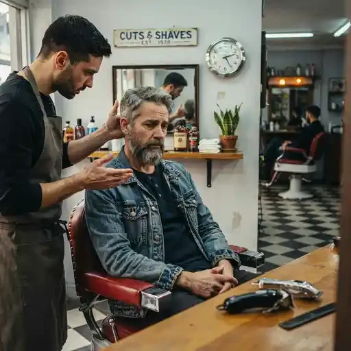 barber discussing style with an older client