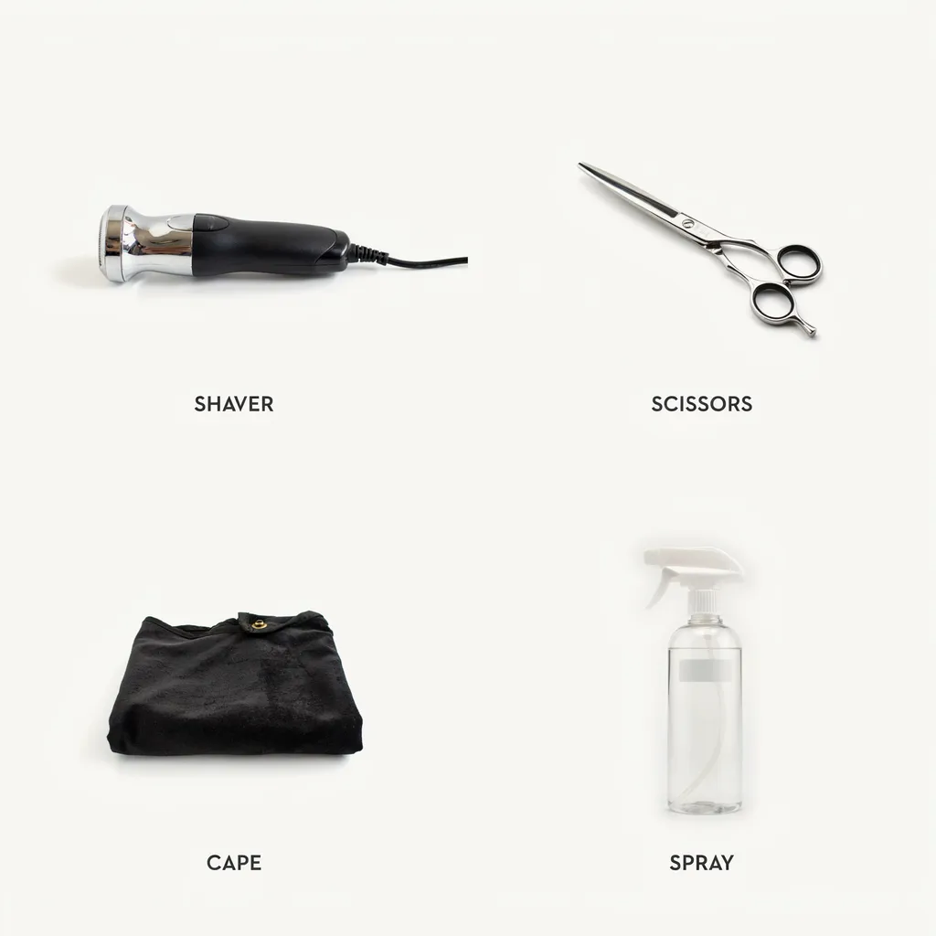 Labeled flat lay of optional haircut tools: shaver, scissors, cape, spray