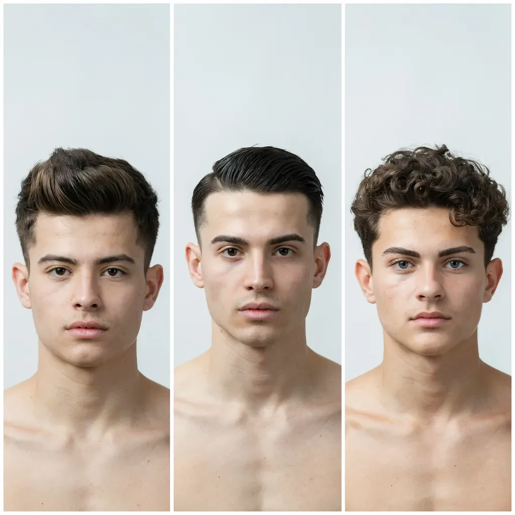 side by side of different mid fade top styles on an oval face